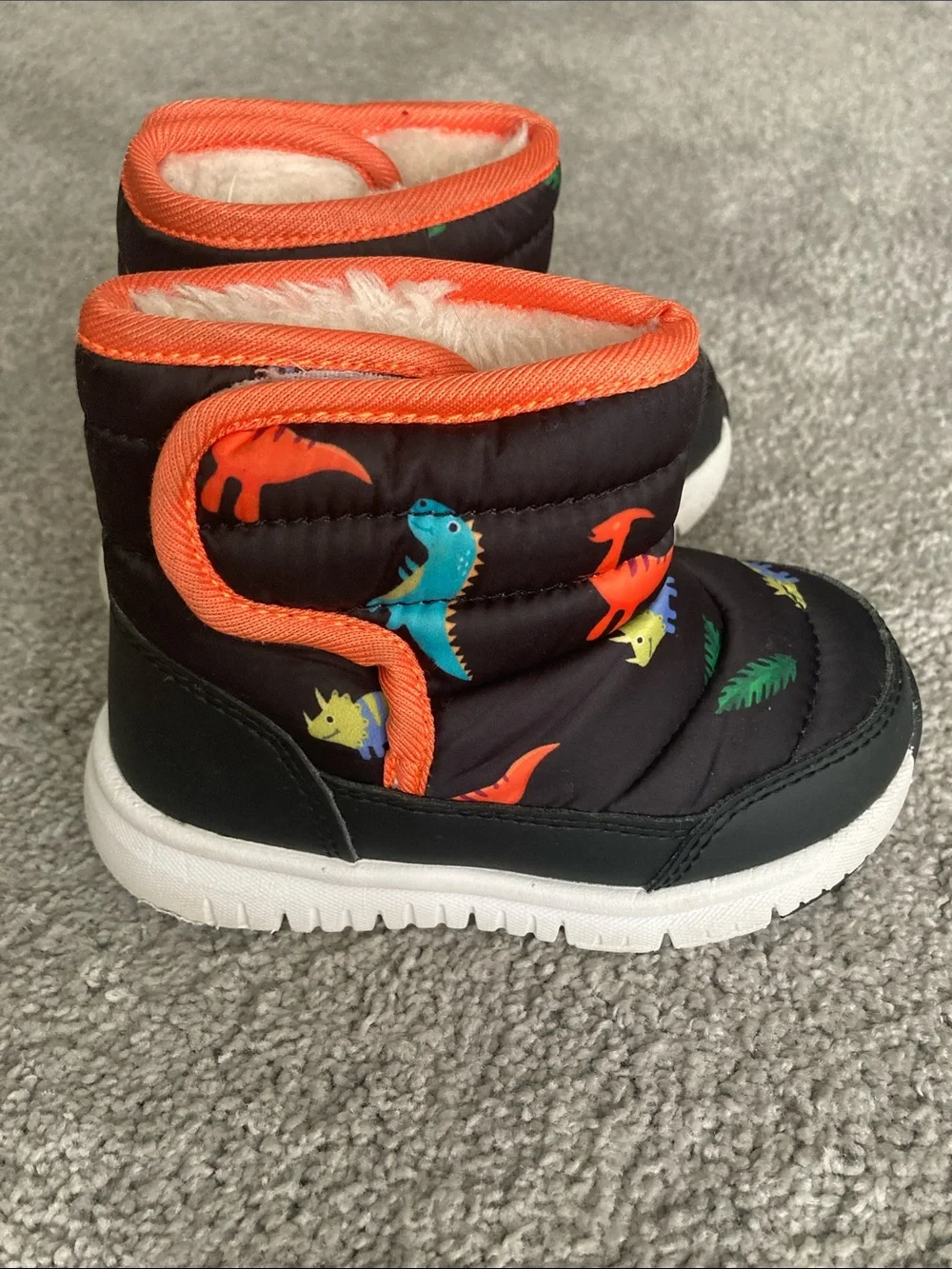 Kids Black Dino Winter Boots with Orange Trim